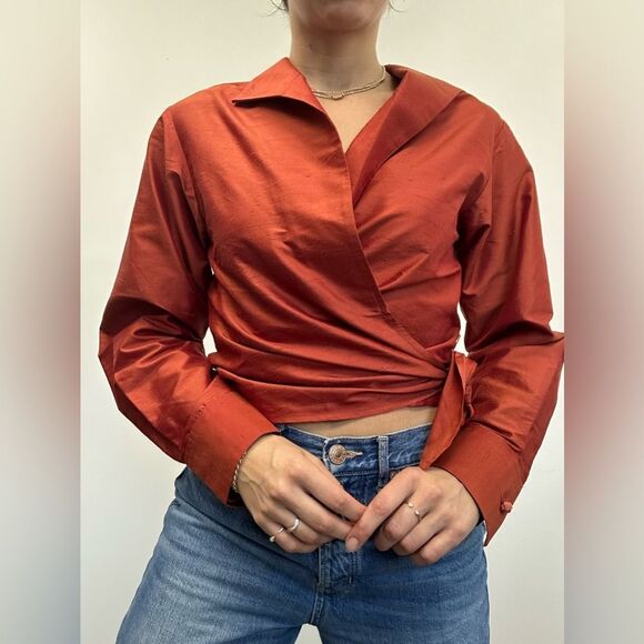 Vintage 100% Silk Rust Red Western Collared Wrap Top Long Sleeve Size M - Picture 3 of 9